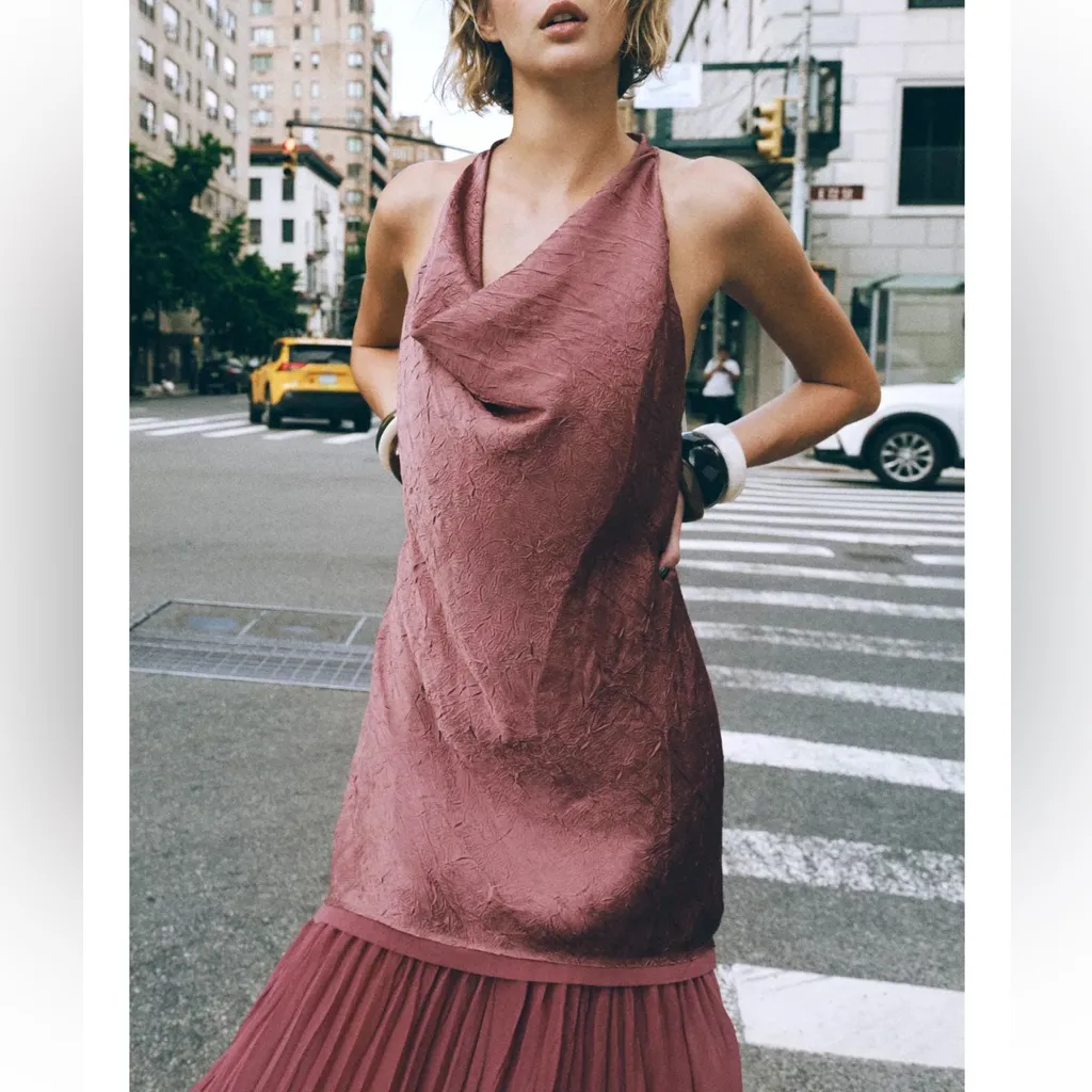 Zara NWT flowy halter cowl neck pleated combination drop waist midi dress - Image 5