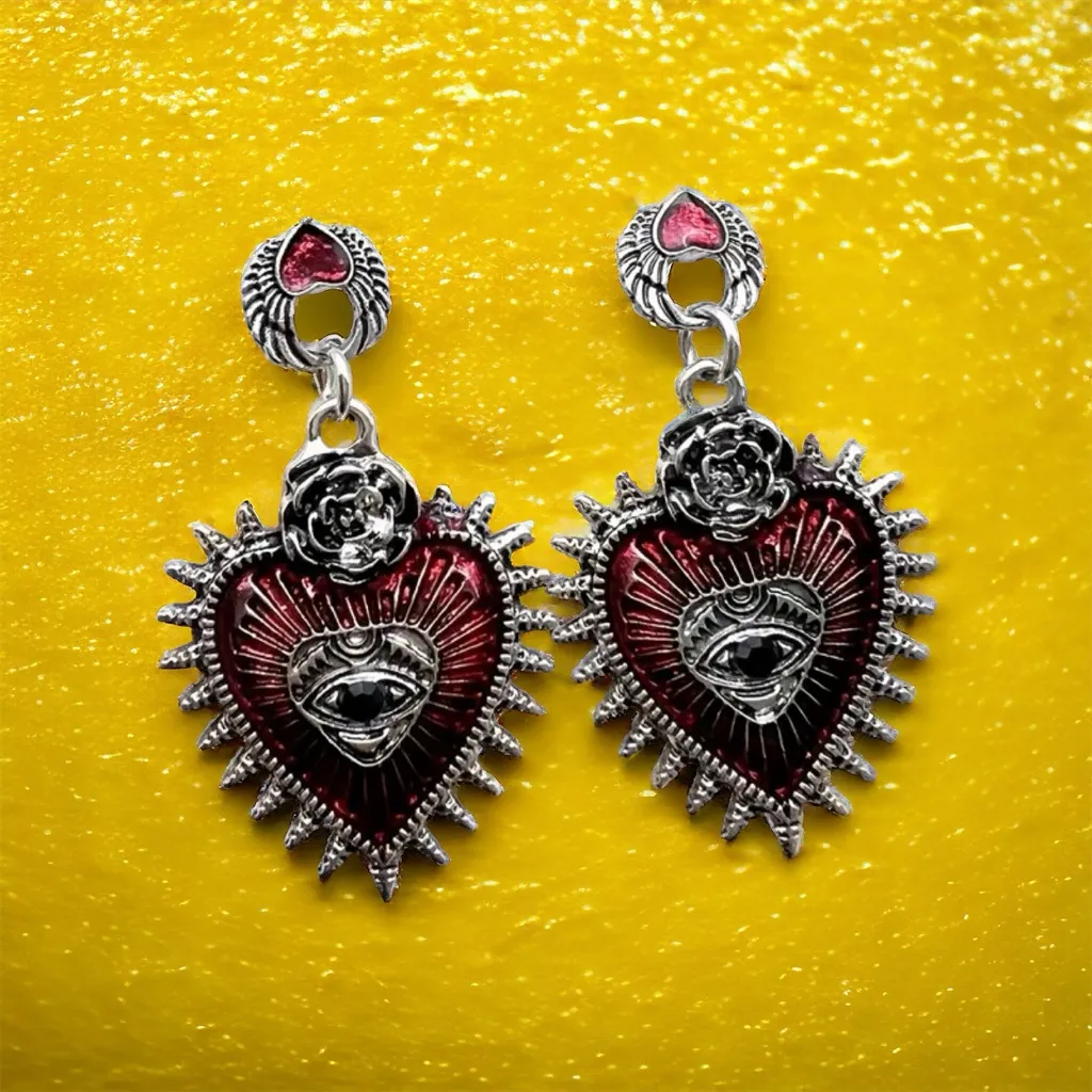 Gothic Punk Love Blood Silver/Red‎ Color Eye Rose Dangle Alloy Drop Earrings Silver - Image 2