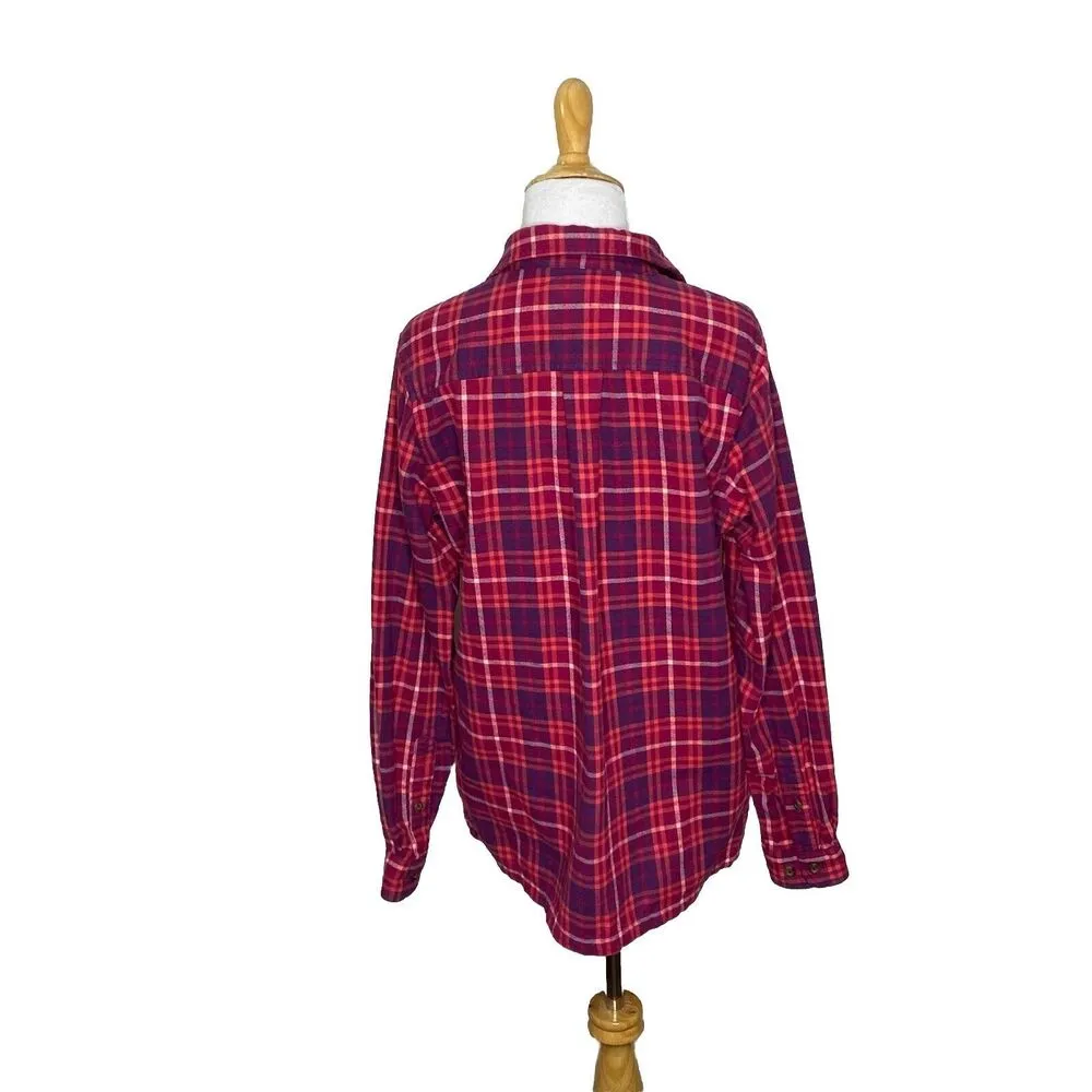 Cabelas Red Purple Plaid Flannel Long Sleeve Button Down Shirt Size Medium - Image 3