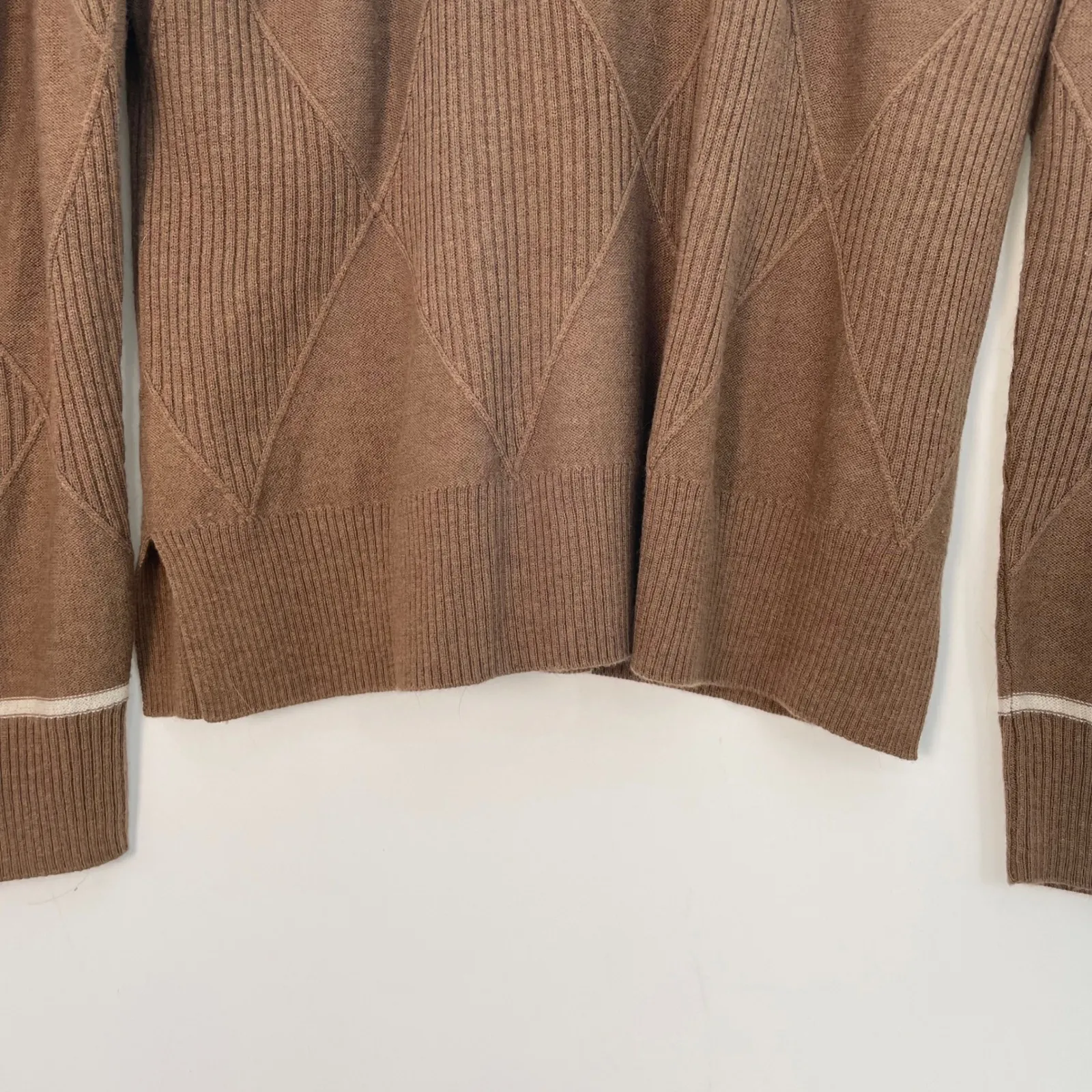 Draw & Fade Merino Wool Blend Diamond Knit Striped Cuff Crew Neck Sweater Size L Brown Size L - Image 3