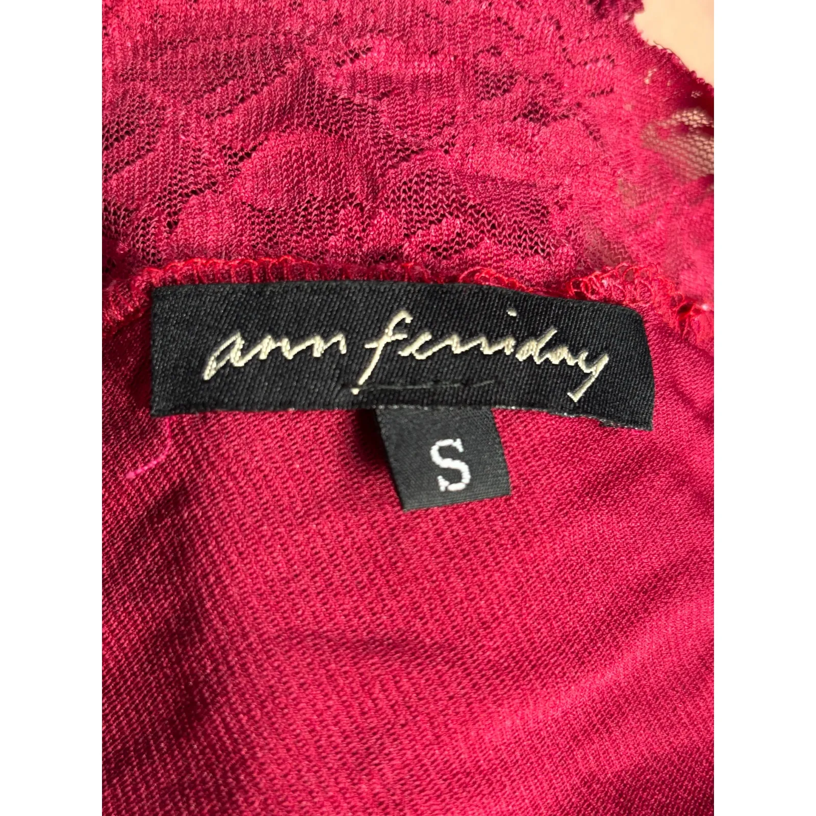 Vintage Y2K Ann Ferriday Burgundy Lace Mesh Top Small Romantic Ribbon Bow Sheer Red - Image 9