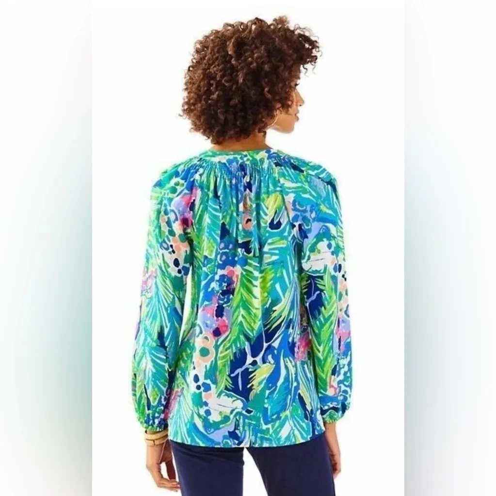 Lilly Pulitzer Elsa 100% Silk Top - Blue Green Pink Tropical Print - Image 2