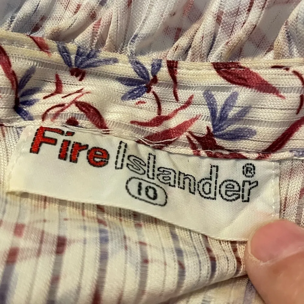 Vintage 70s Ruffle High Collar Floral Print Button Down Ivory Shirt Medium Red - Image 12