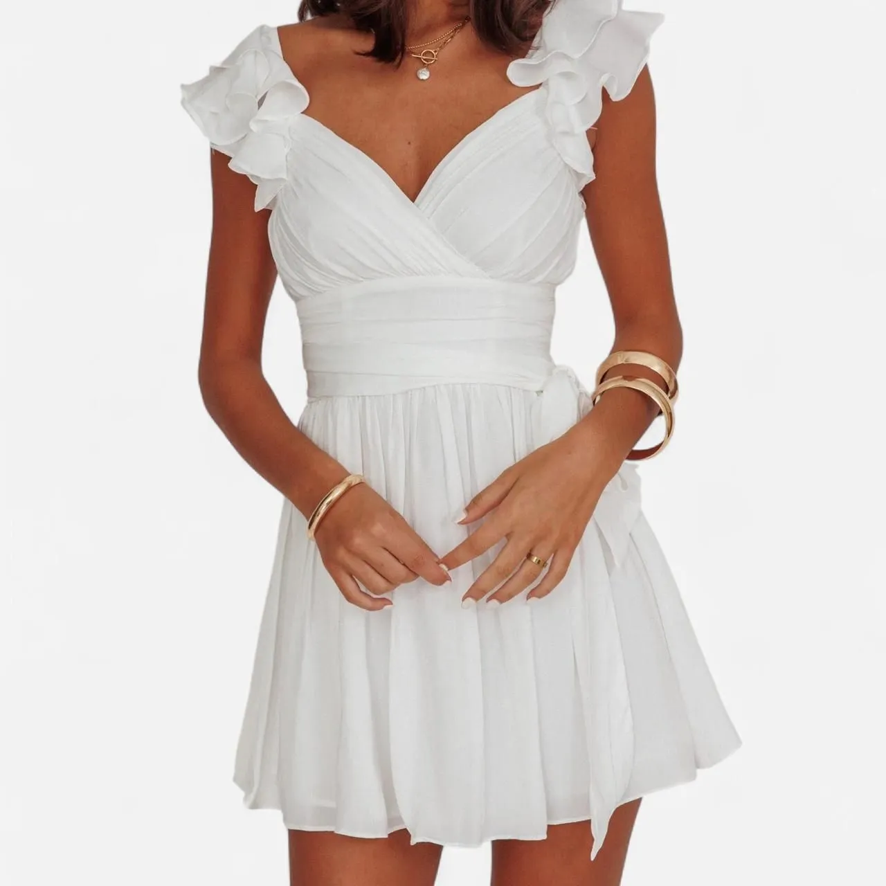 Selfie Leslie Whimsy Ruffle Shoulder Dress – White Soft-Girl Bridalcore Mini XS - Image 3