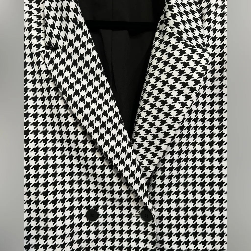 Marled Womens Houndstooth Black White Button Pockets Body Longline Blazer Medium - Image 3
