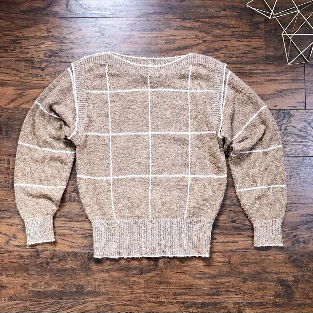 vintage • 1980s pullover sweater grid pattern boucle knit tan white plaid - Image 2