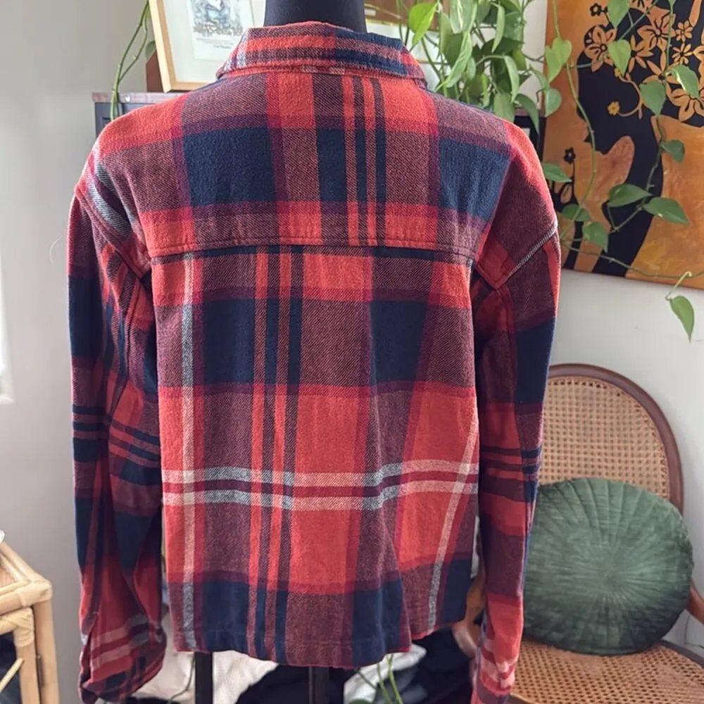 Beach Lunch Lounge Burnt Orange Plaid Zip Up Semi-Cropped Flannel Jacket - Image 2