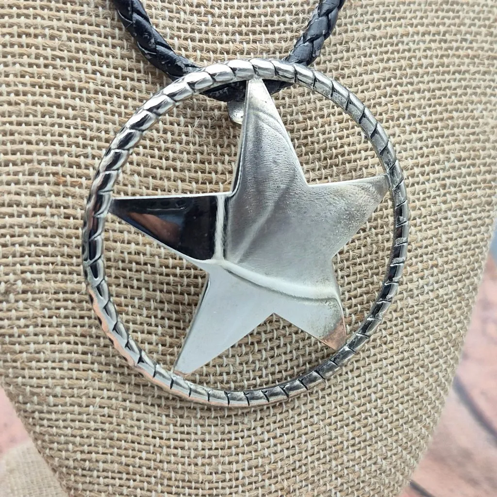 Western Texas Star Brooch Pin Pendant on a Black Faux Cord Collar Necklace 18" - Image 4