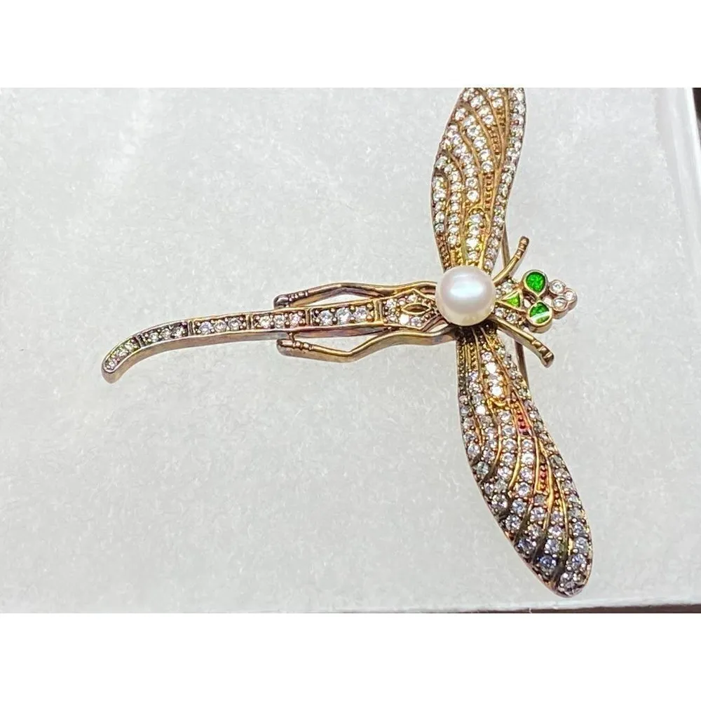 Vintage Copper Bronze Dragonfly Brooch Pearl Rhinestones‎ Green Enamel Eyes - Image 6