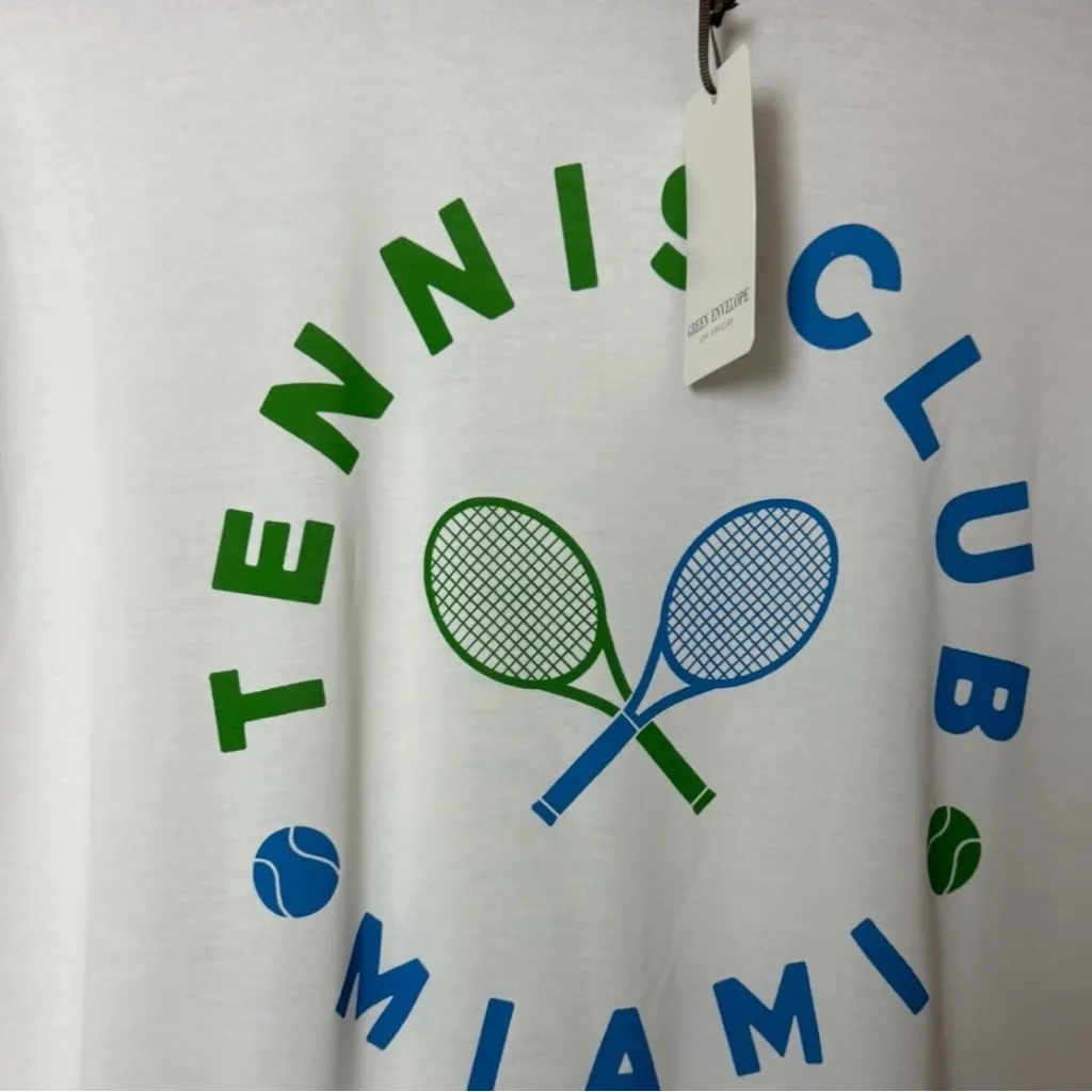 Green Envelope Women's Short Sleeve White Tennis Club Miami Graphic T - Image 3