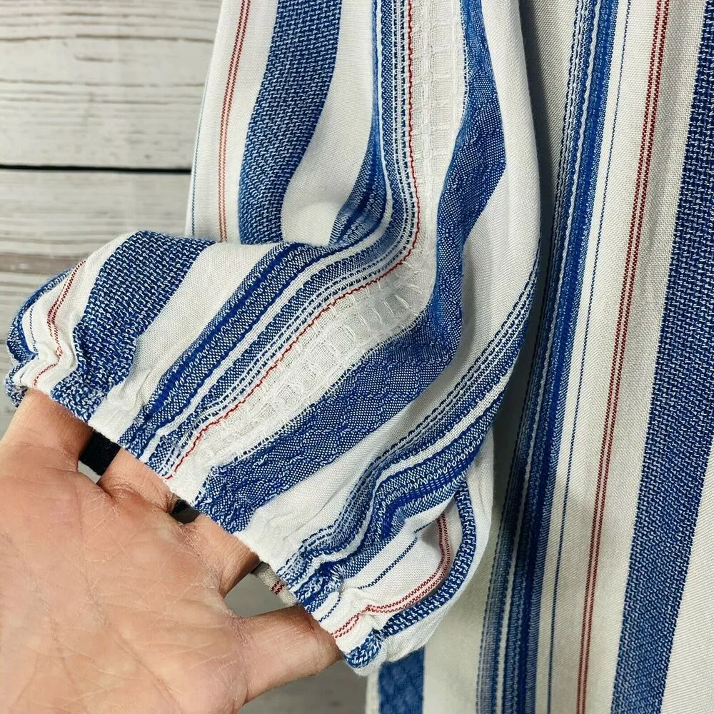 Style & Co Large Top 3/4 Puff Sleeves Tie Keyhole Neck Lightweight Striped New Blue - Image 3