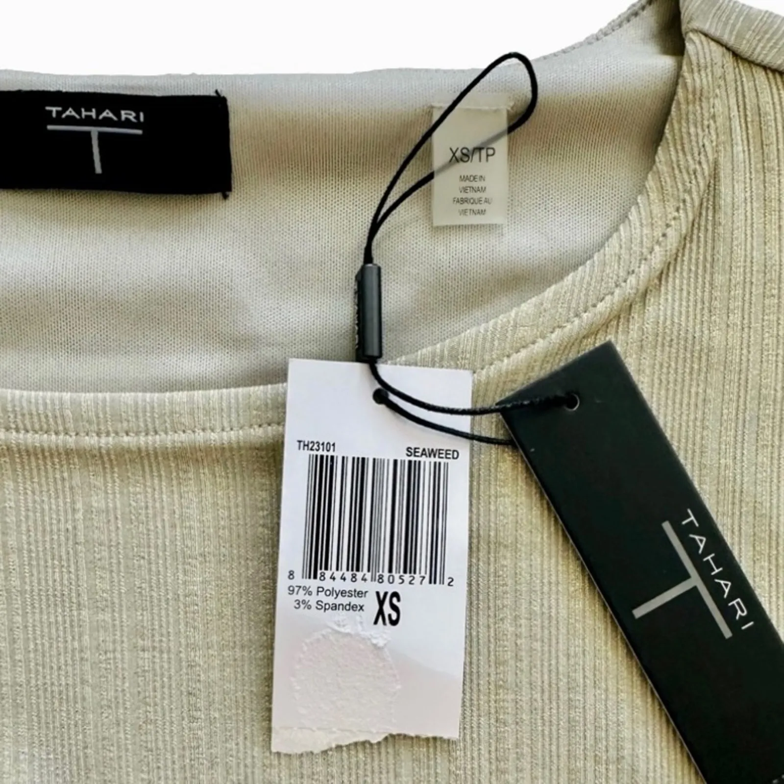 Tahari Blouse Top Taupe Green Gold Sleeveless Ruched Side Asymmetric Dressy XS - Image 2