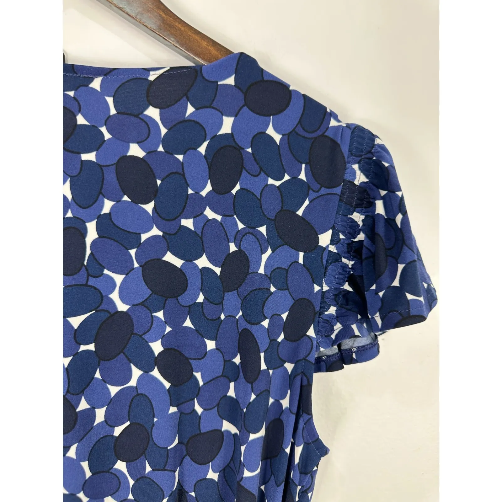 Ann Taylor Wrap Dress Womens 8 Blue Geometric Dot Stretch Preppy Office Siren - Image 4