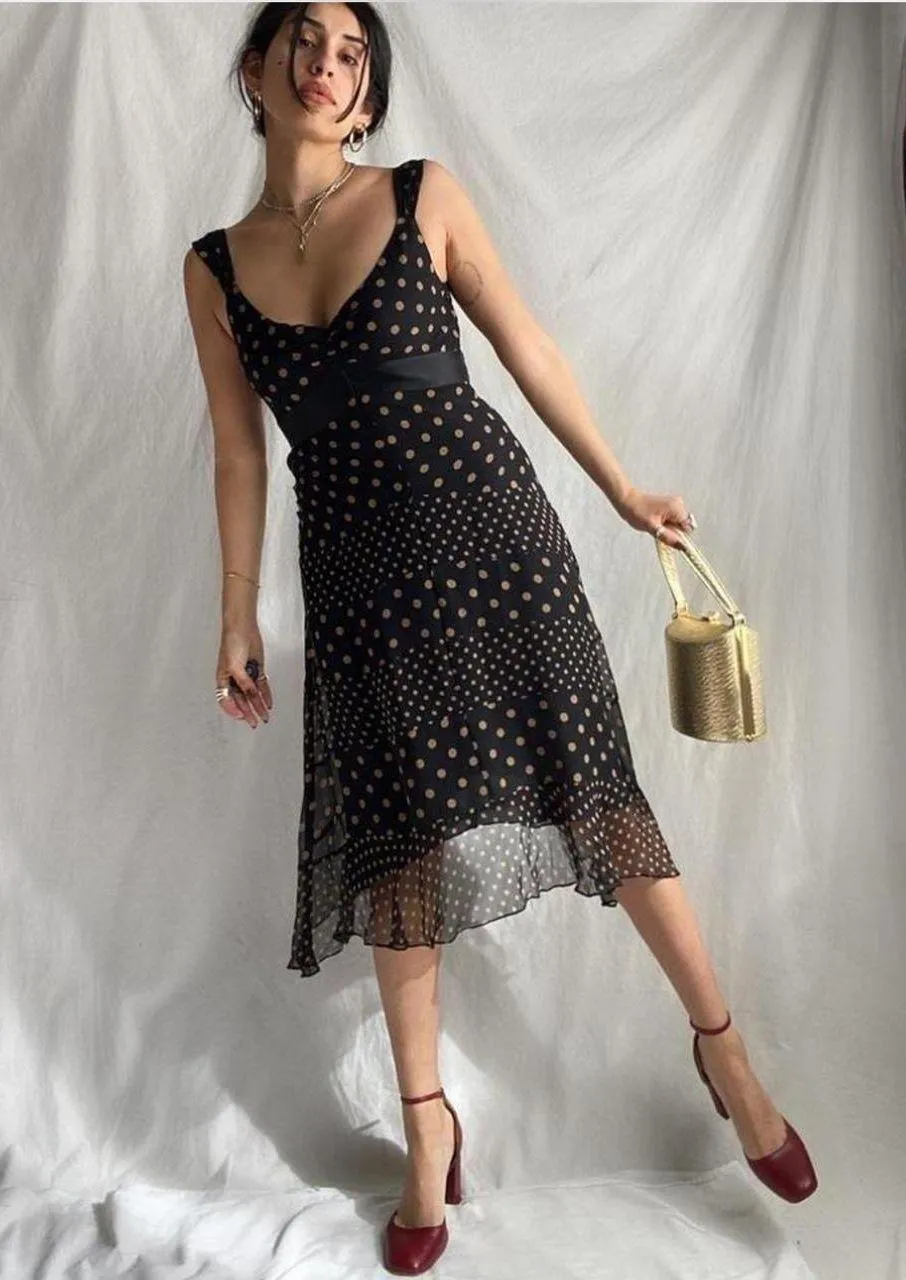 BCBG MAXAZRIA black and nude tan asymmetrical silk polka dot dress - Image 2