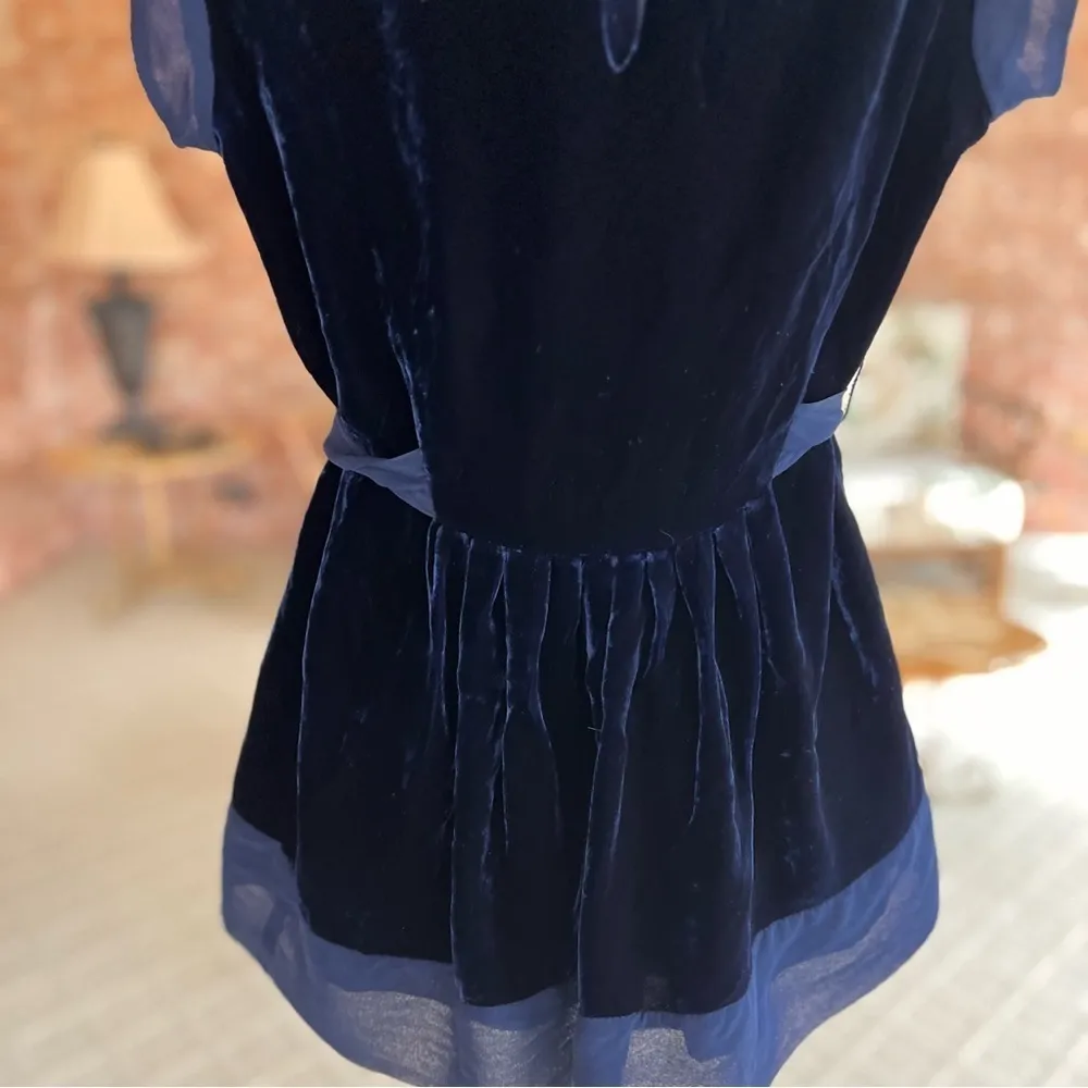 BCBGMAXAZRIA Top Velvet Cap Sleeve Blue Chiffon Belted XXS Cocktail Party Glam - Image 9