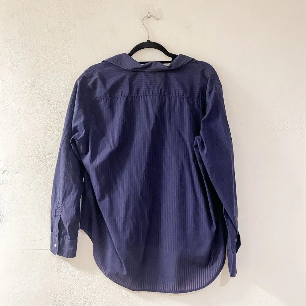 Frank & Eileen Eileen Poplin Sheer Button Down Blouse in Navy Stripe Medium - Image 3