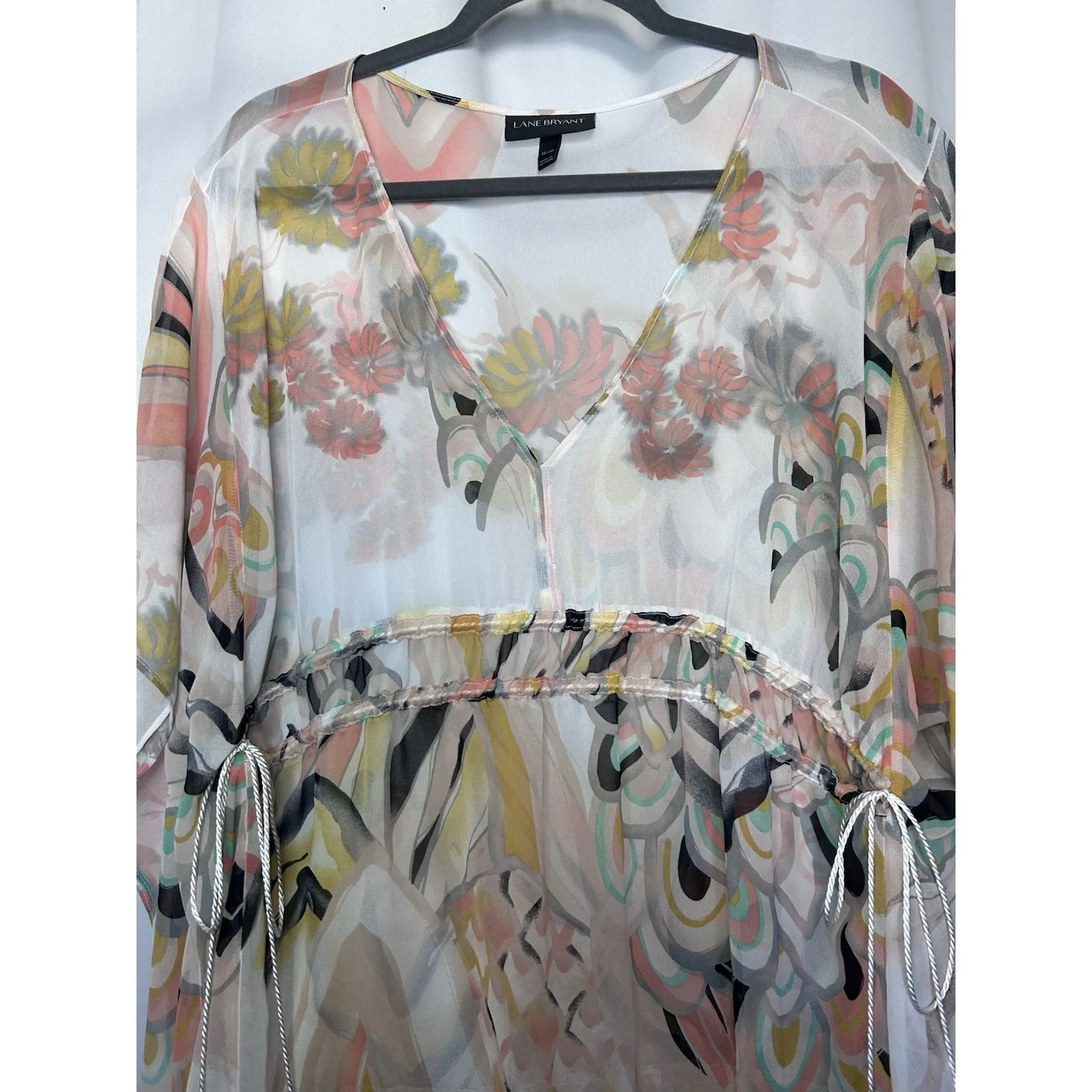 Lane Bryant Semi Sheer Blouse Cover Up Size 18/20 Tassels Cream Pink Flowy - Image 2