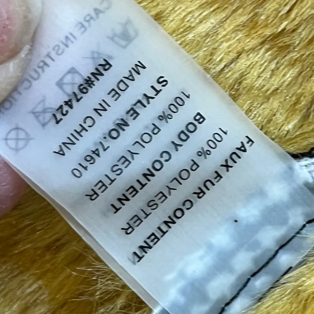 Dolce Cabo Black Herringbone Plaid Dad Oversized Boyfriend Yellow Gold Fur Coat Size M - Image 14