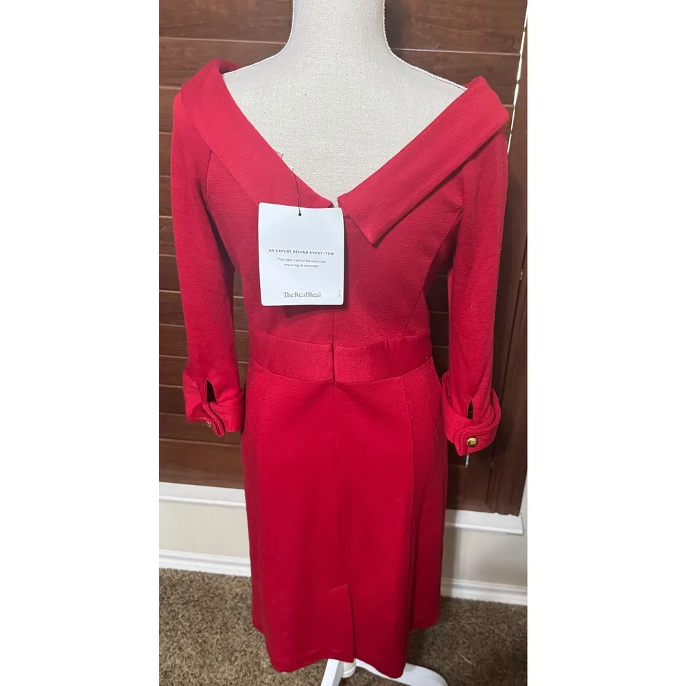 Milly NY Red Wool sheath dress gold chain belt sz M old money classic USA - Image 4