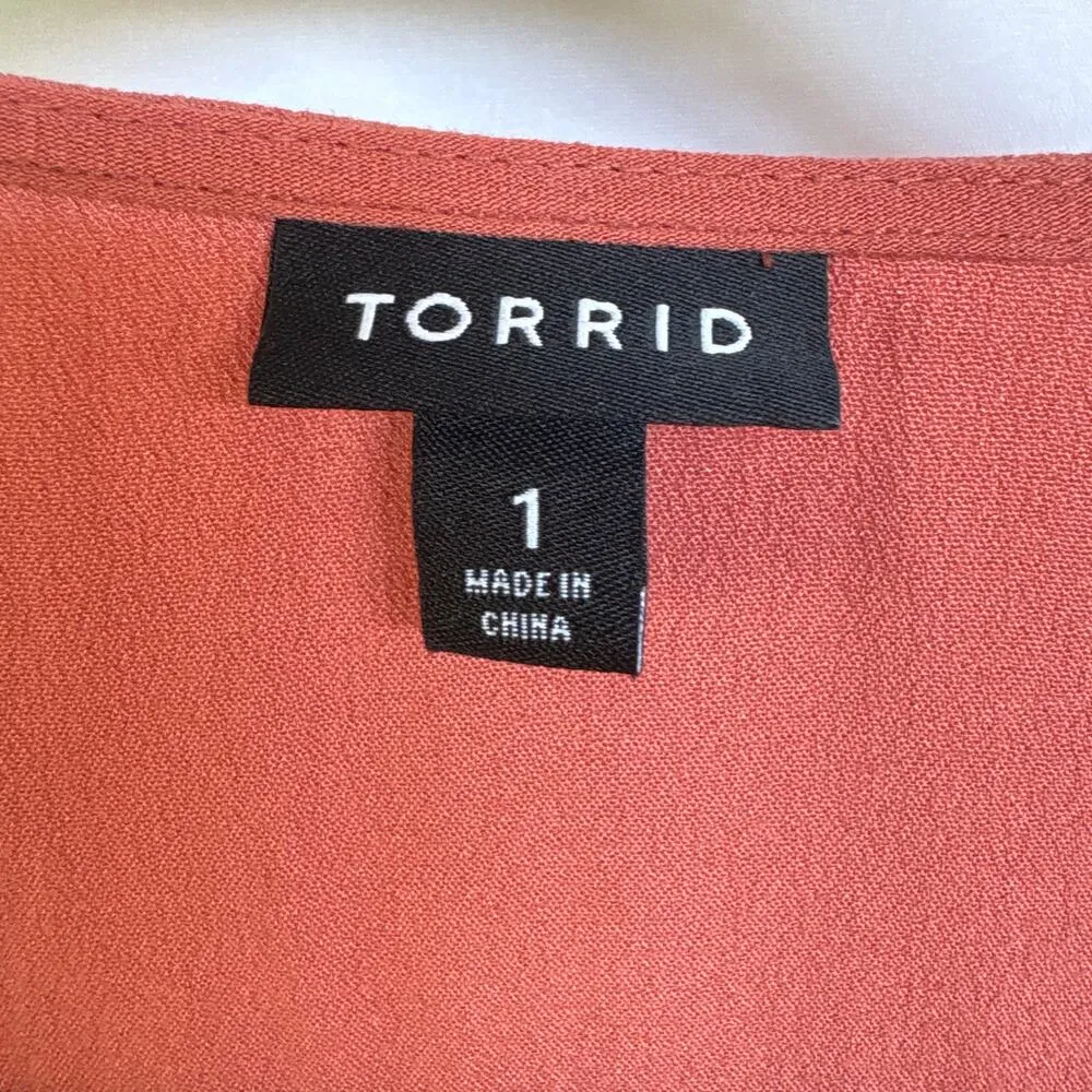 Torrid Coral Embroidered Boho Peplum Top Lace Up Romantic Balloon Sleeve 1X - Image 7