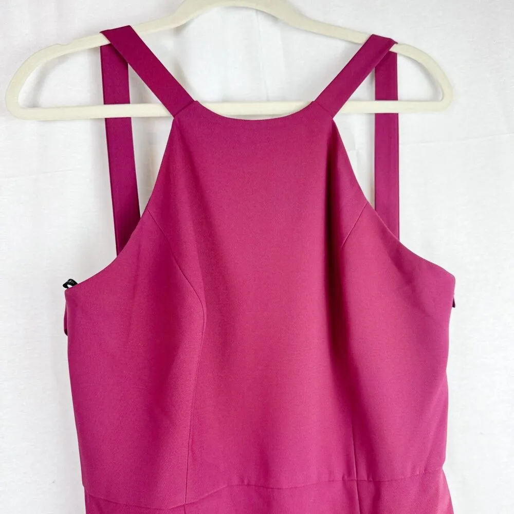 DESSY COLLECTION Cutaway Shoulder Crepe Column Gown Halter Criss Cross Back 14 Red - Image 4