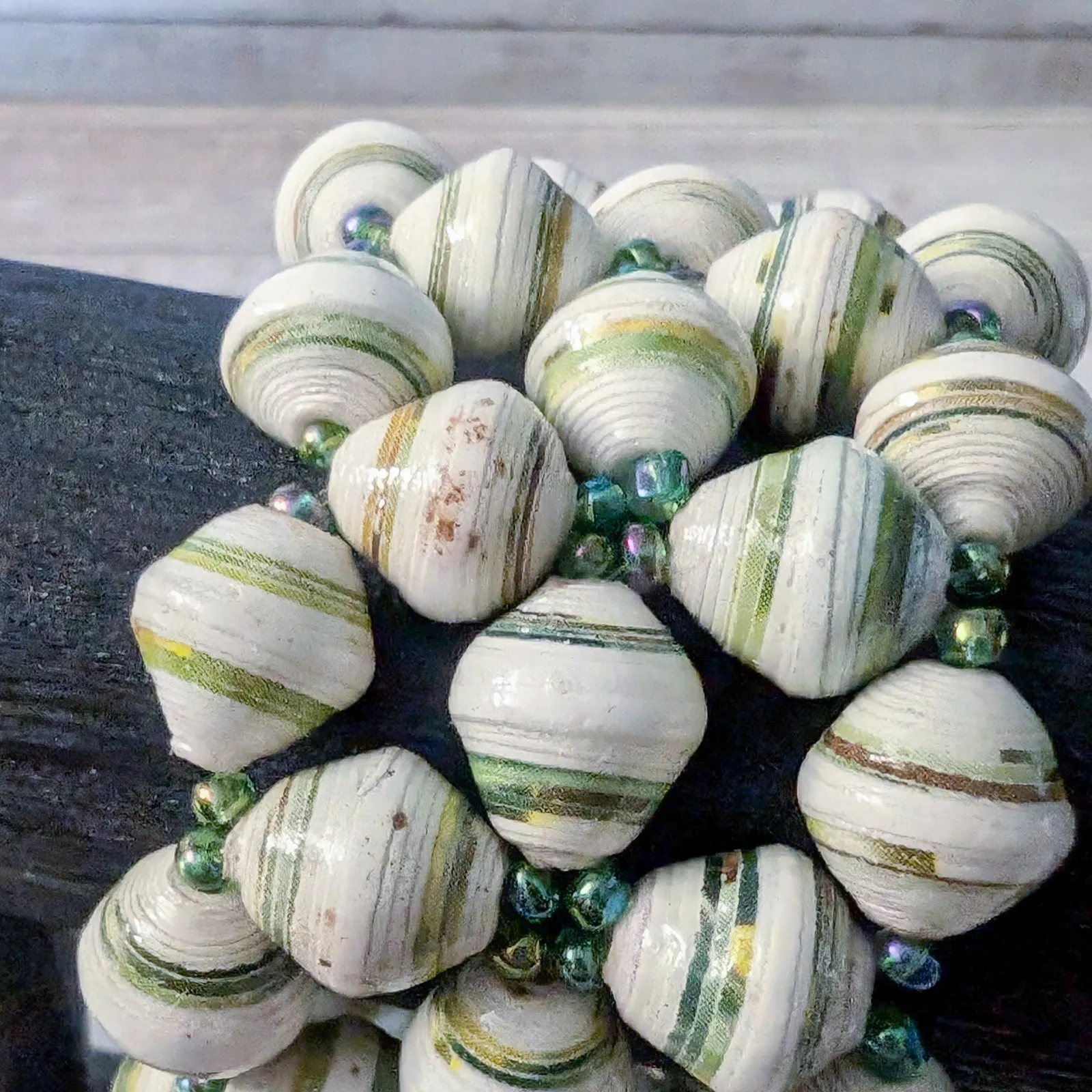 Vintage Stretch Bracelet Wide & Chunky Green & Cream Tones - Image 6