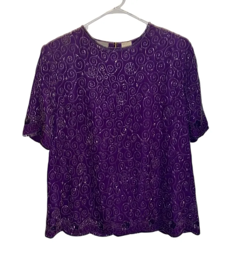 Vintage 90s Stenay Plus Purple Sequin beaded blouse Silk Holiday Glam Cocktail Size 1X - Image 1
