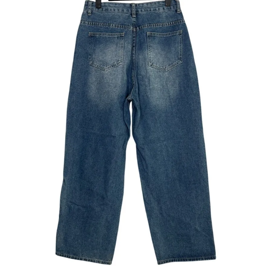 Evis Vintage Straight Wide Leg Mid Rise Full Length Casual Denim Jean Zip 8 Blue - Image 12