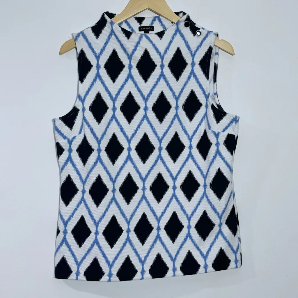 Talbots  High Neck Button Shoulder‎ Shell Diamond Print Size Medium Blue/White - Image 2