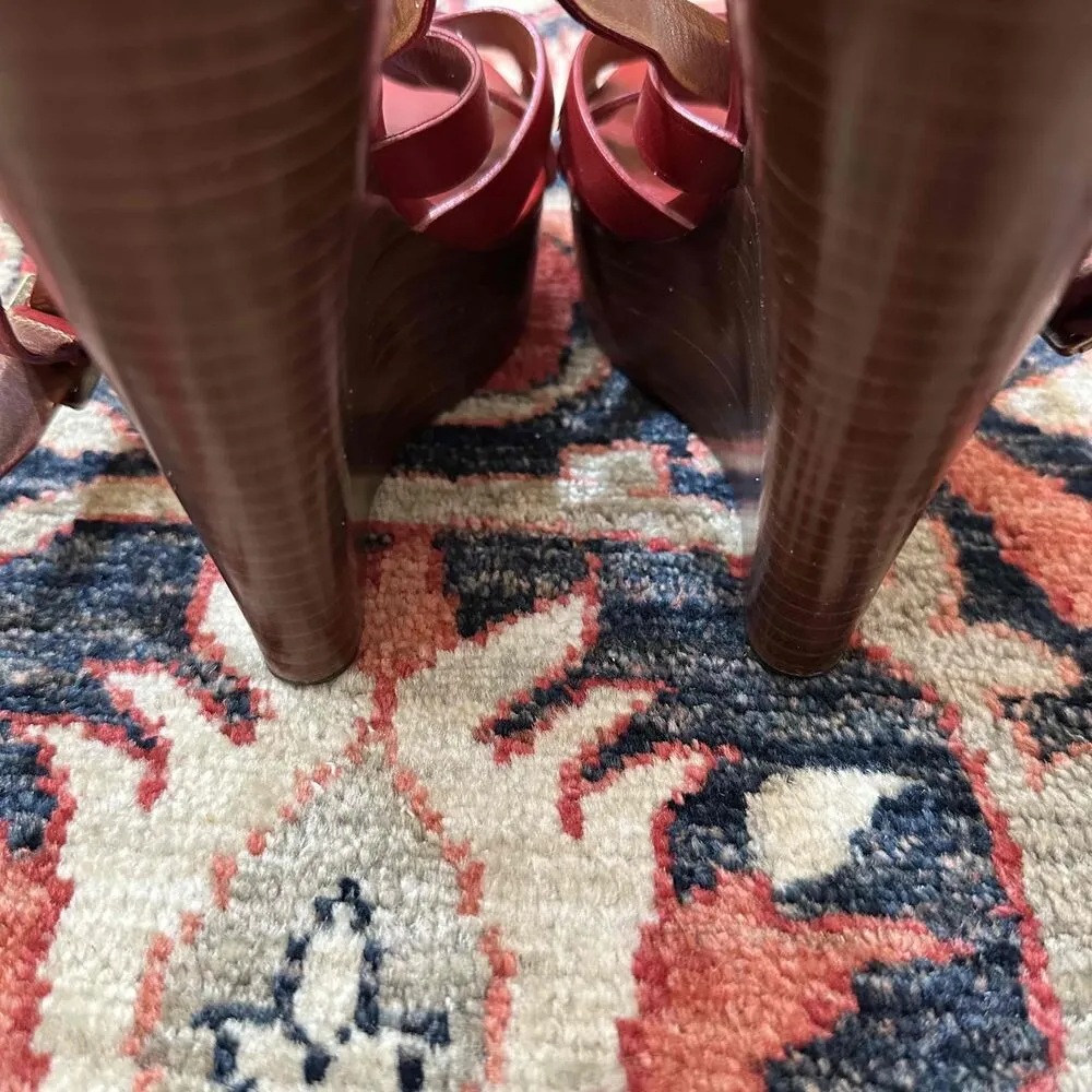 Burberry Red Leather Open Toe Ankle Strap Wedge Sandals - Image 8