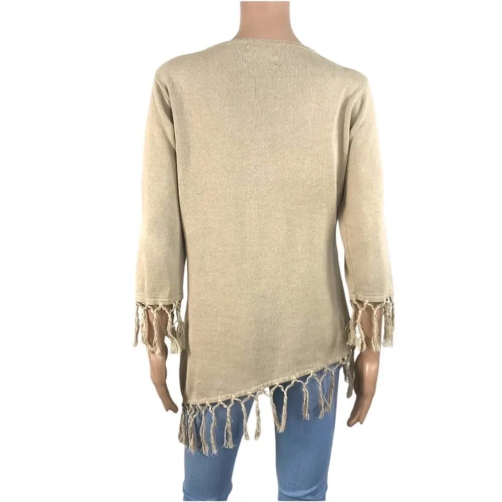 STORYBOOK KNITS Patchwork Sweater Women S Asym Fringe Linen Cottage Boho Y2K Green - Image 3