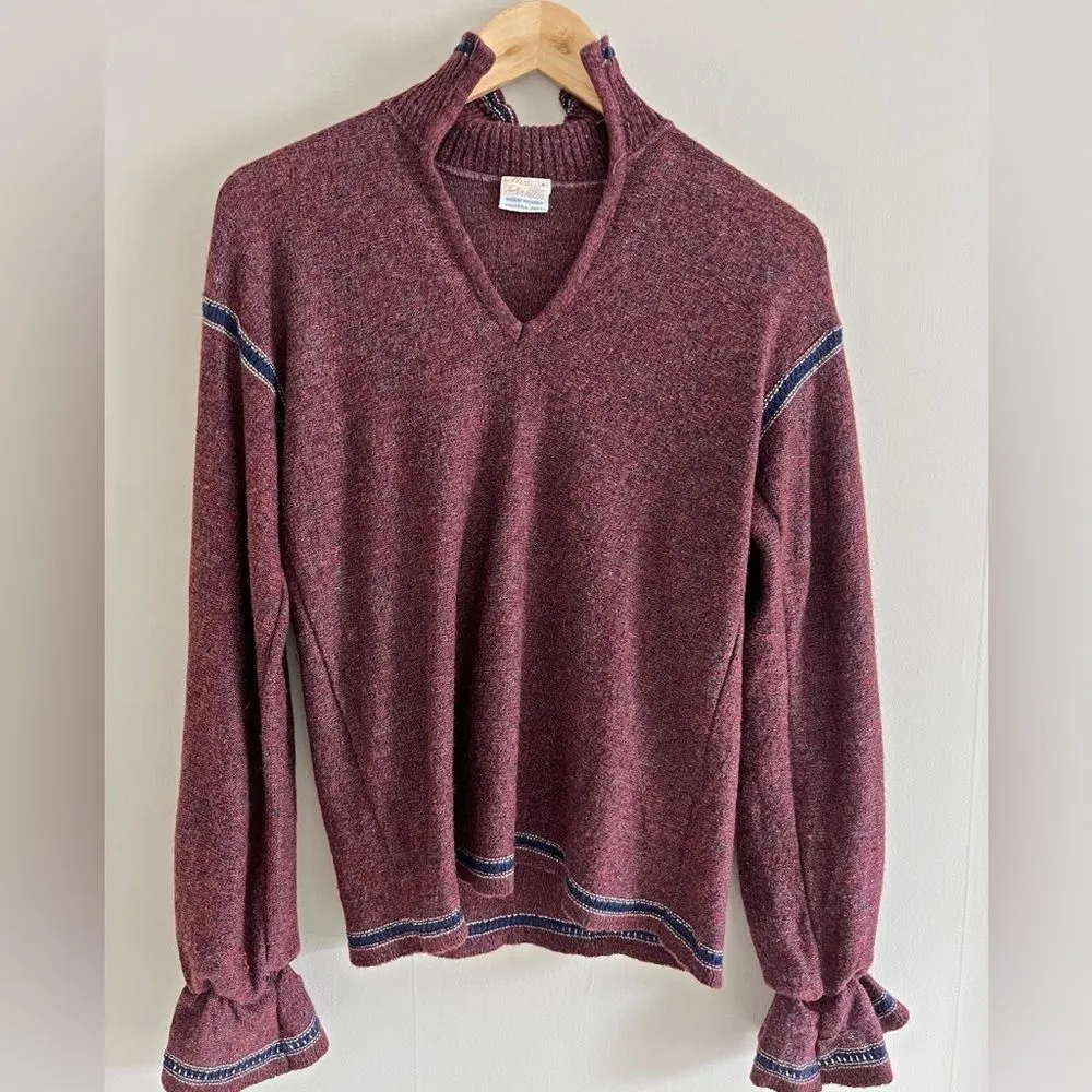 Vintage 70s Miss Pernilla Balloon Sleeve Knit Top Burgundy Boho Pullover Sweater Blue - Image 2