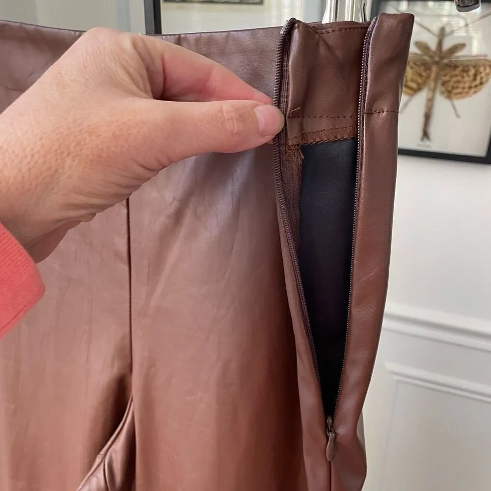 S Betro Faux Vegan Leather Brown Side Zip Pants M Long 34” - Image 5