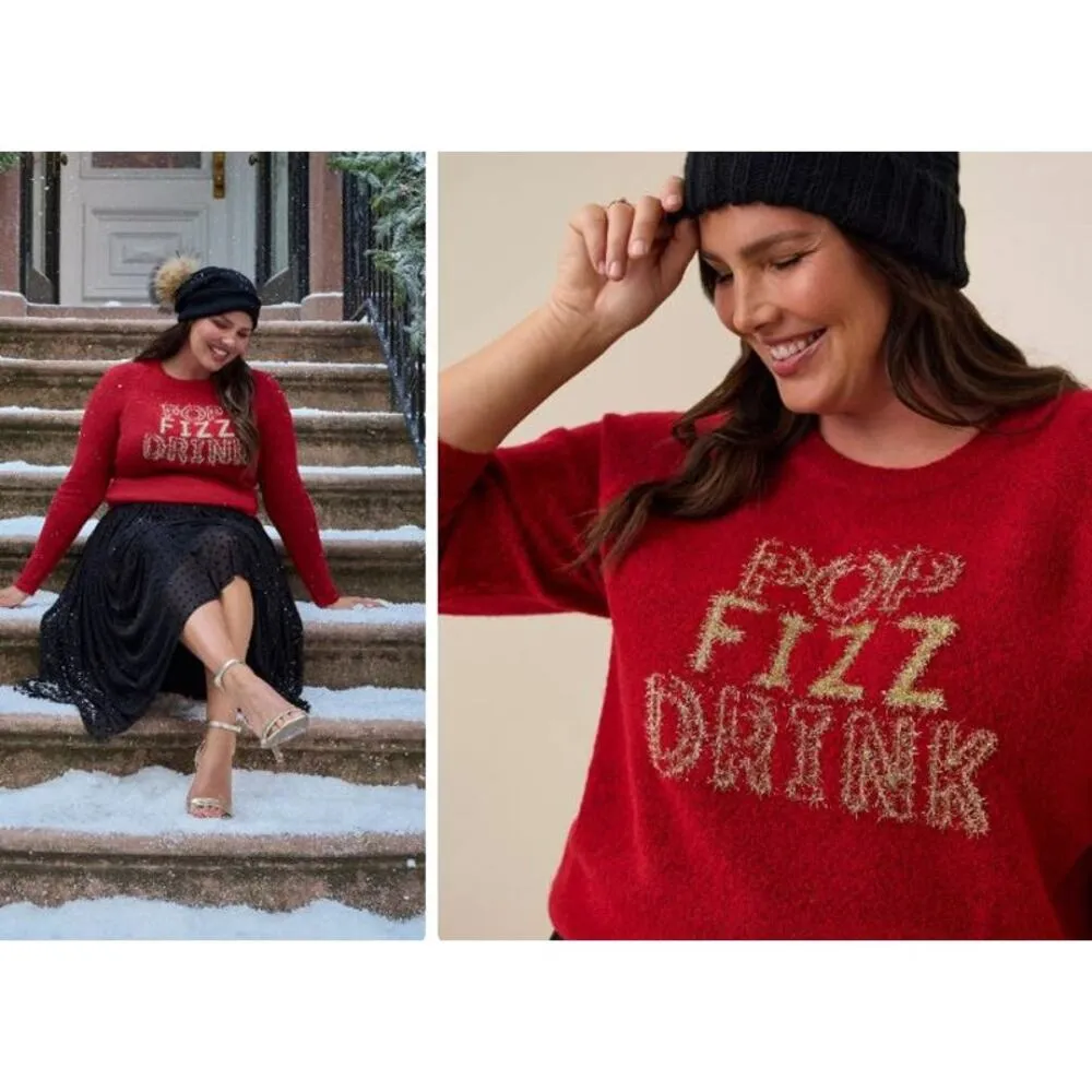 Torrid Tinsel Pop Fizz Drink Pullover Crew Neck Sweater Plus Size 6 Red Holiday - Image 2