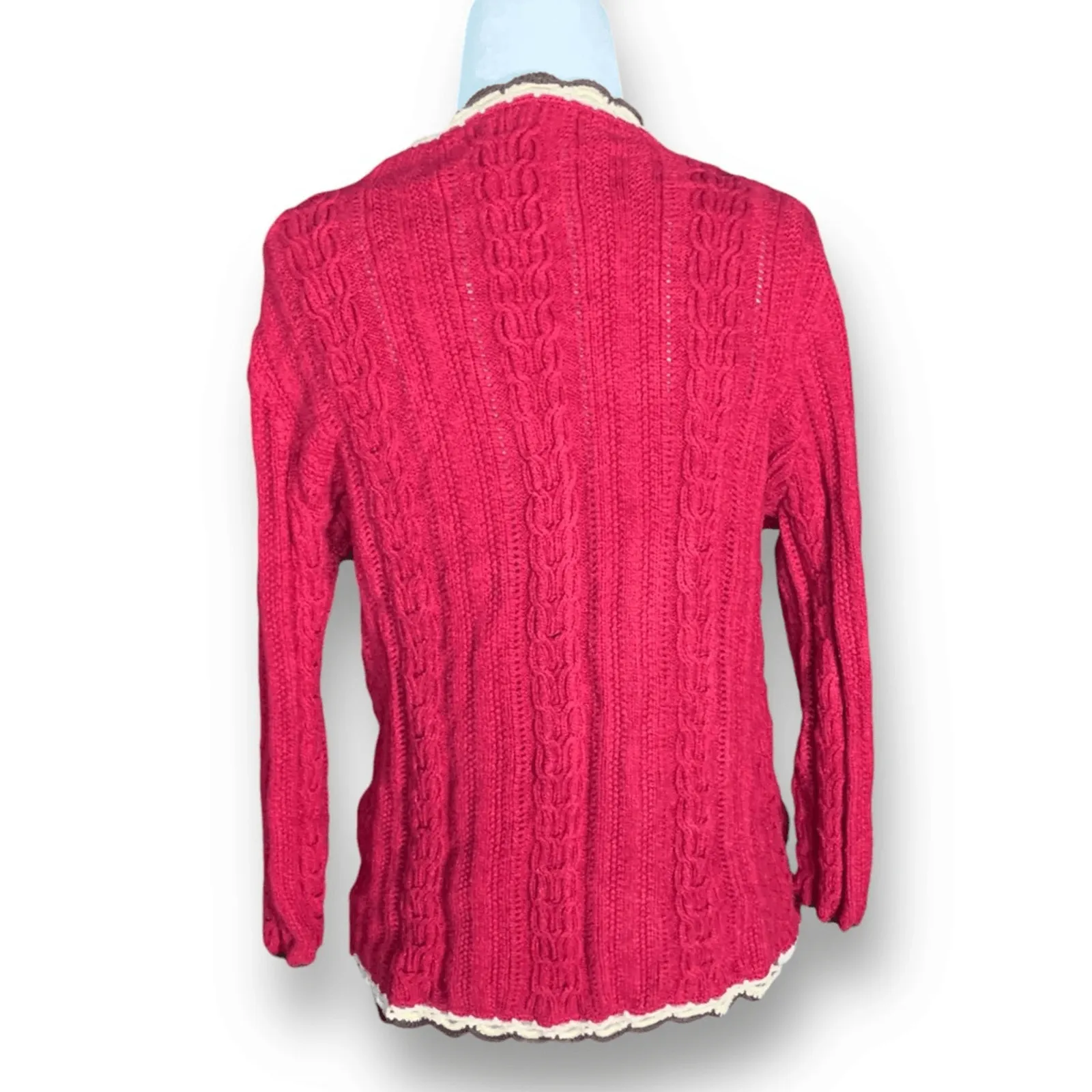 Vintage 90s Burgundy Cable Knit Cardigan Sweater Cream Ruffle Scalloped Trim Red - Image 5