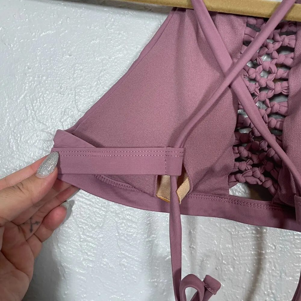 Ron Jon Surf Shop Women M Mauve Pink Bikini Top Crochet High Neckline Crisscross - Image 5