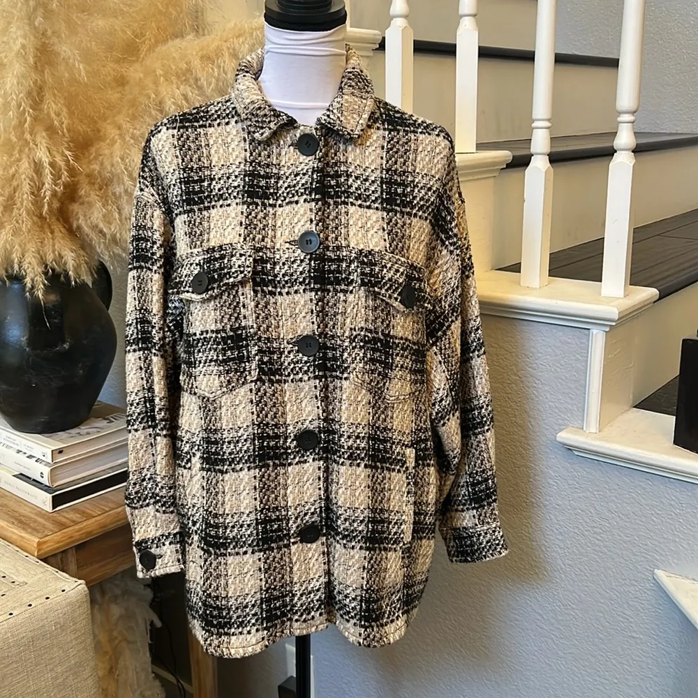 Zara Button Down Wool Blend Tweed Textured Plaid Oversized Shirt Shacket SZ M - Image 3