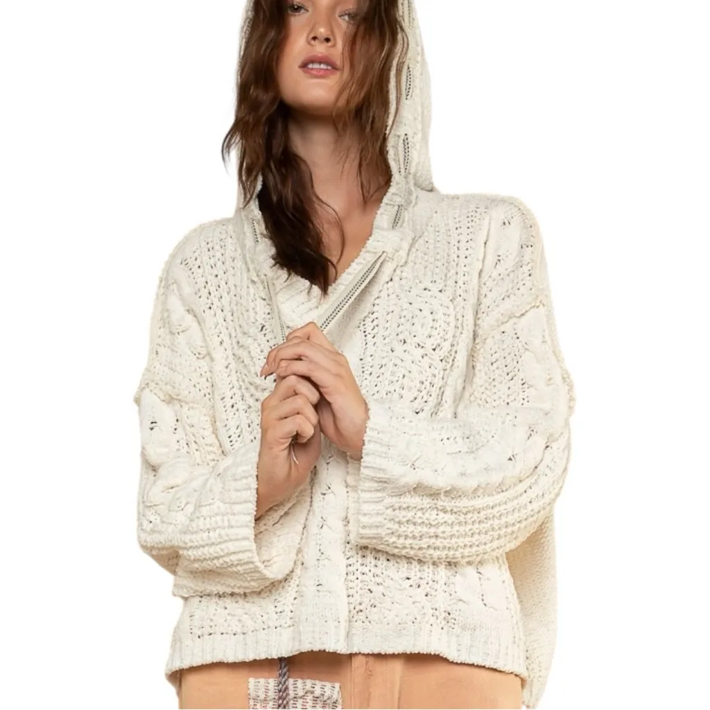 POL Women’s Sz L Ivory Cream V-neck Hooded Cable Knit Chenille Oversized Sweater - Image 3