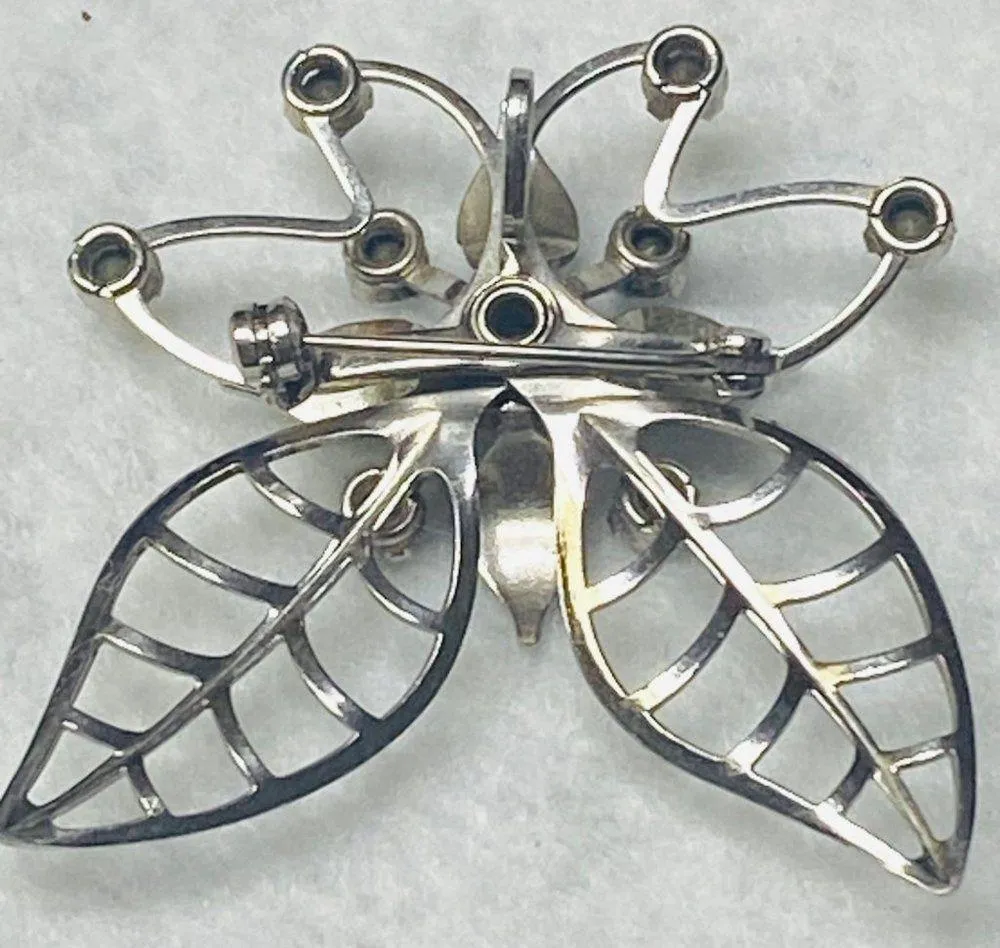 Silver Tone Flower Pin Brooch Pendant Filagree Rivet Construction Rhinestones - Image 3