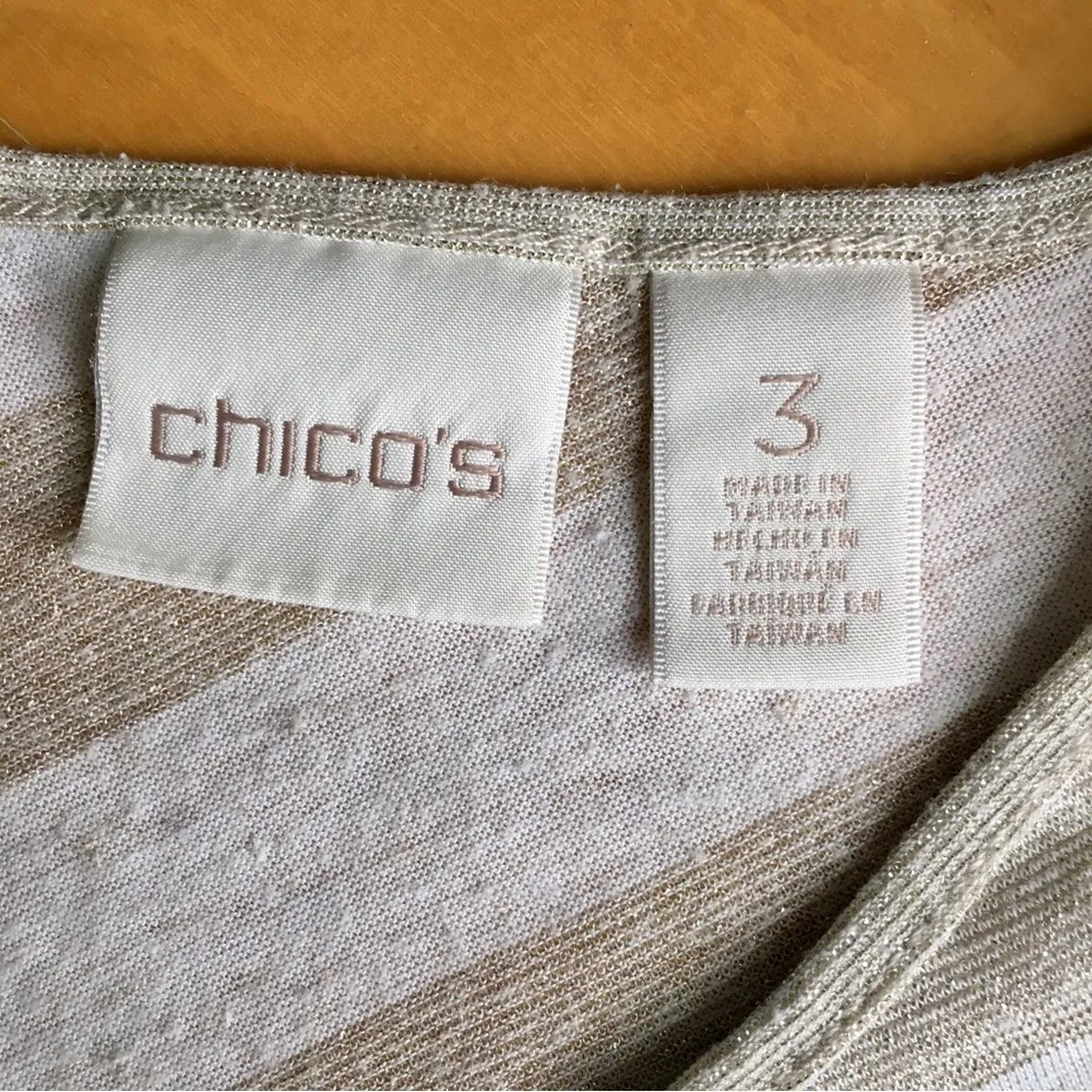 Chico’s Chevron Metallic Stripe V-Neck Tee, Gold, Cream, Size 3 (XL/16) - Image 4