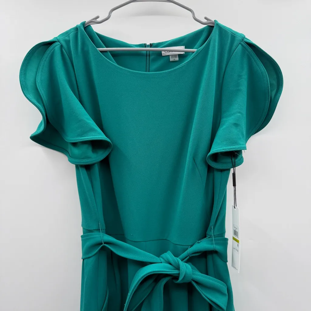 Calvin Klein Short Tulip Sleeve Tie‎ Waist Cropped Jumpsuit in Teal Blue Green - Image 2