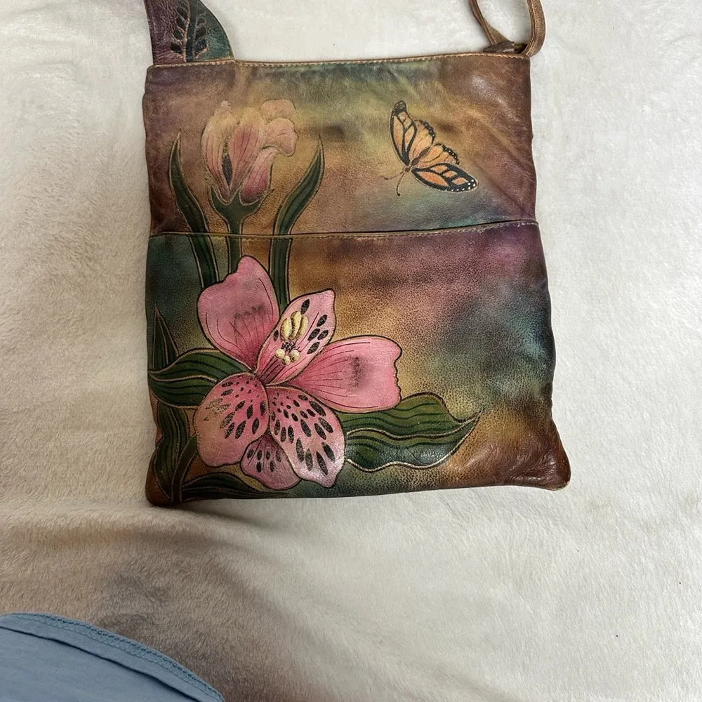 Vintage Anuschka Artistic Floral Handmade Leather Crossbody Bag - Image 7