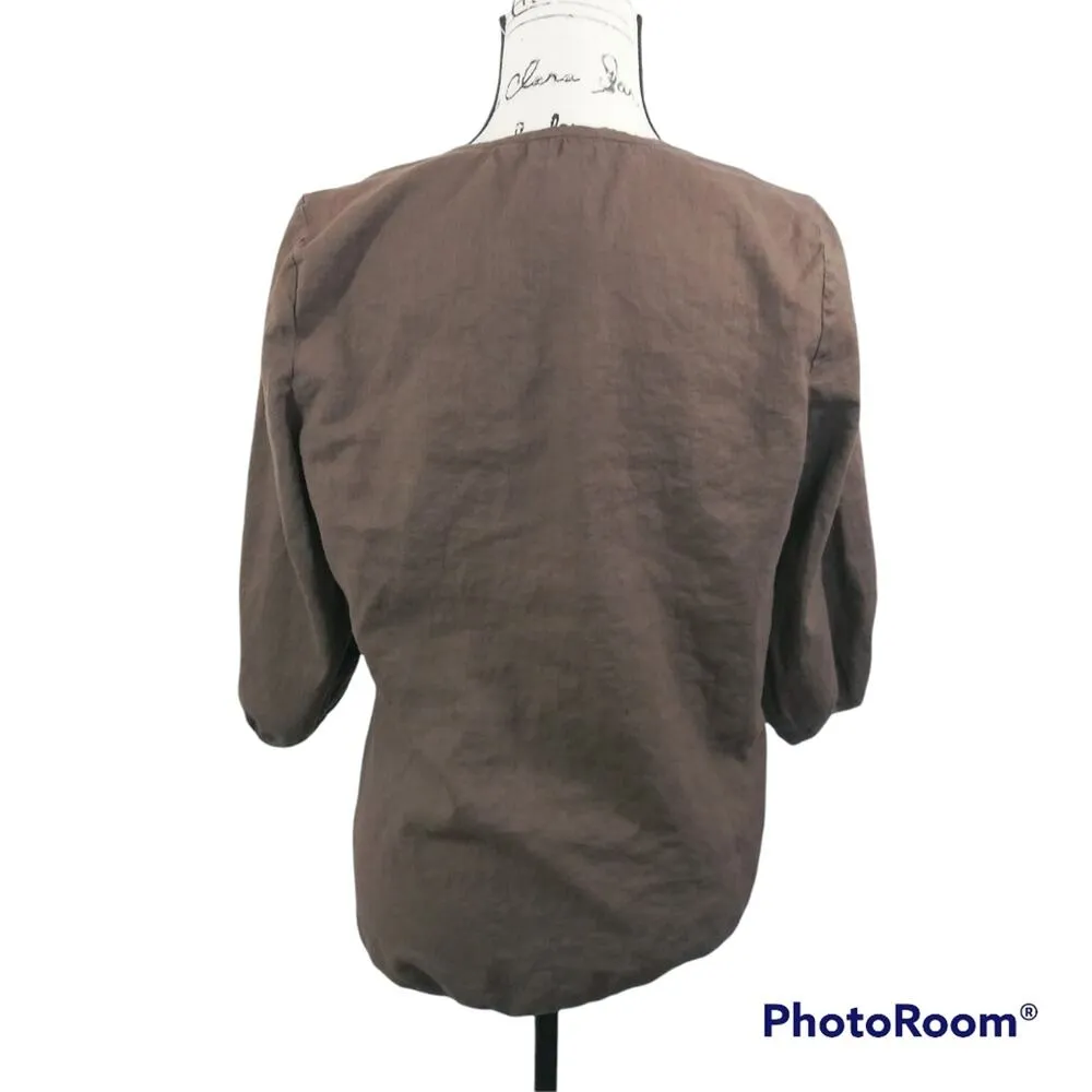 Neiman Marcus Brown Linen Asymmetrical Natural Neutral Blouse S - Image 4