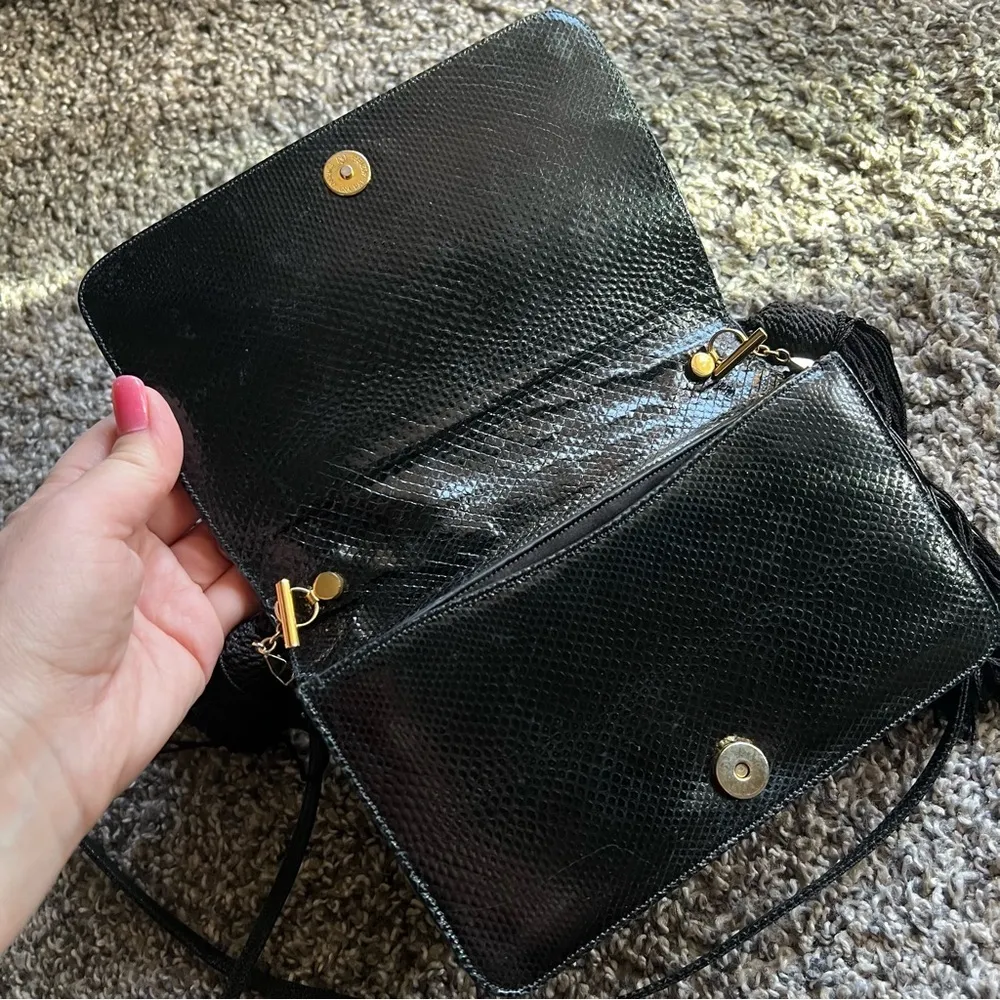 Judith Leiber vintage embroidered Suede evening mini bag with tassles, black - Image 3