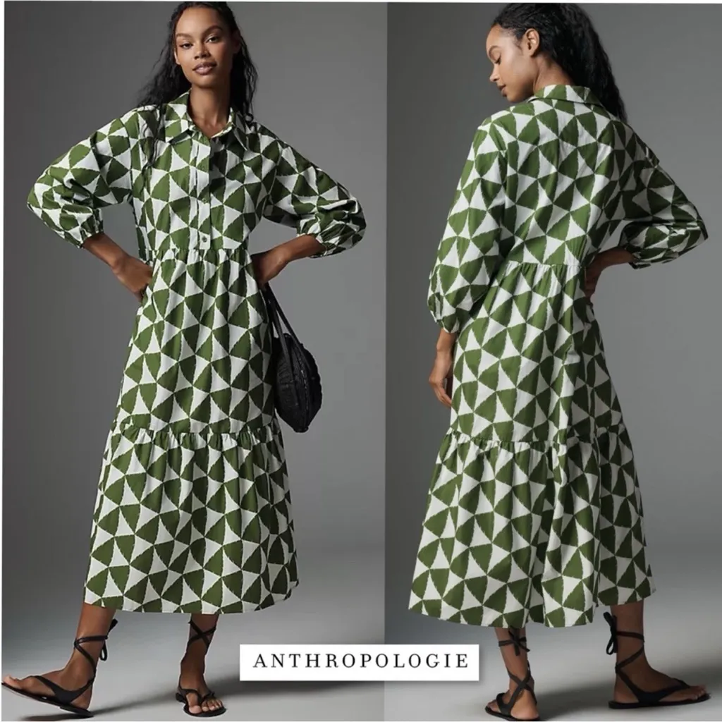Maeve by Anthropologie The Bettina Tiered Shirt Dress Green & White Triangles XS - Image 3
