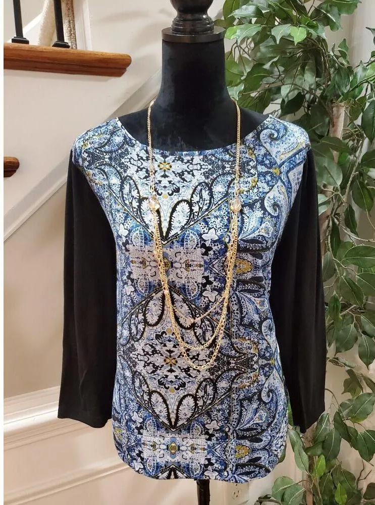 Jones New York Women Blue Paisley Polyester Round Neck Long Sleeve Top Shirt XL - Image 11