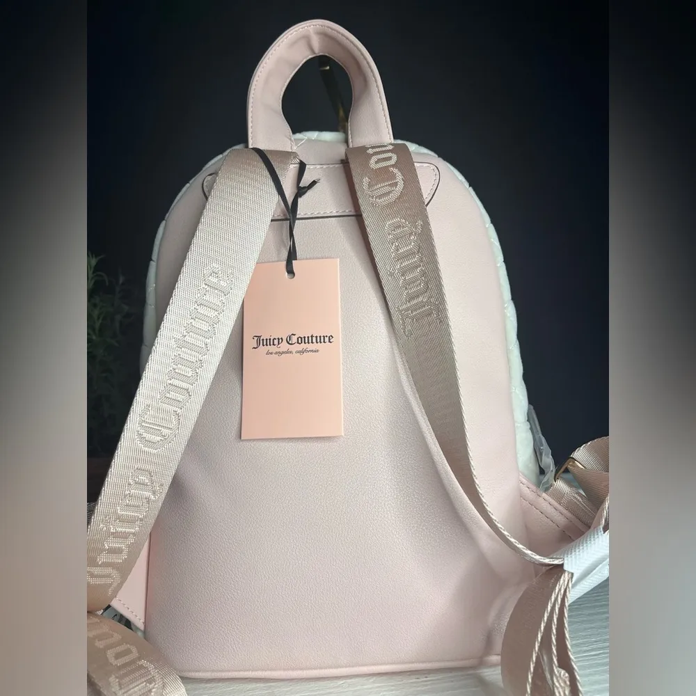 Juicy Couture Royal Moment Quilted Velour Medium Backpack w Pink Heart Charm NWT - Image 7