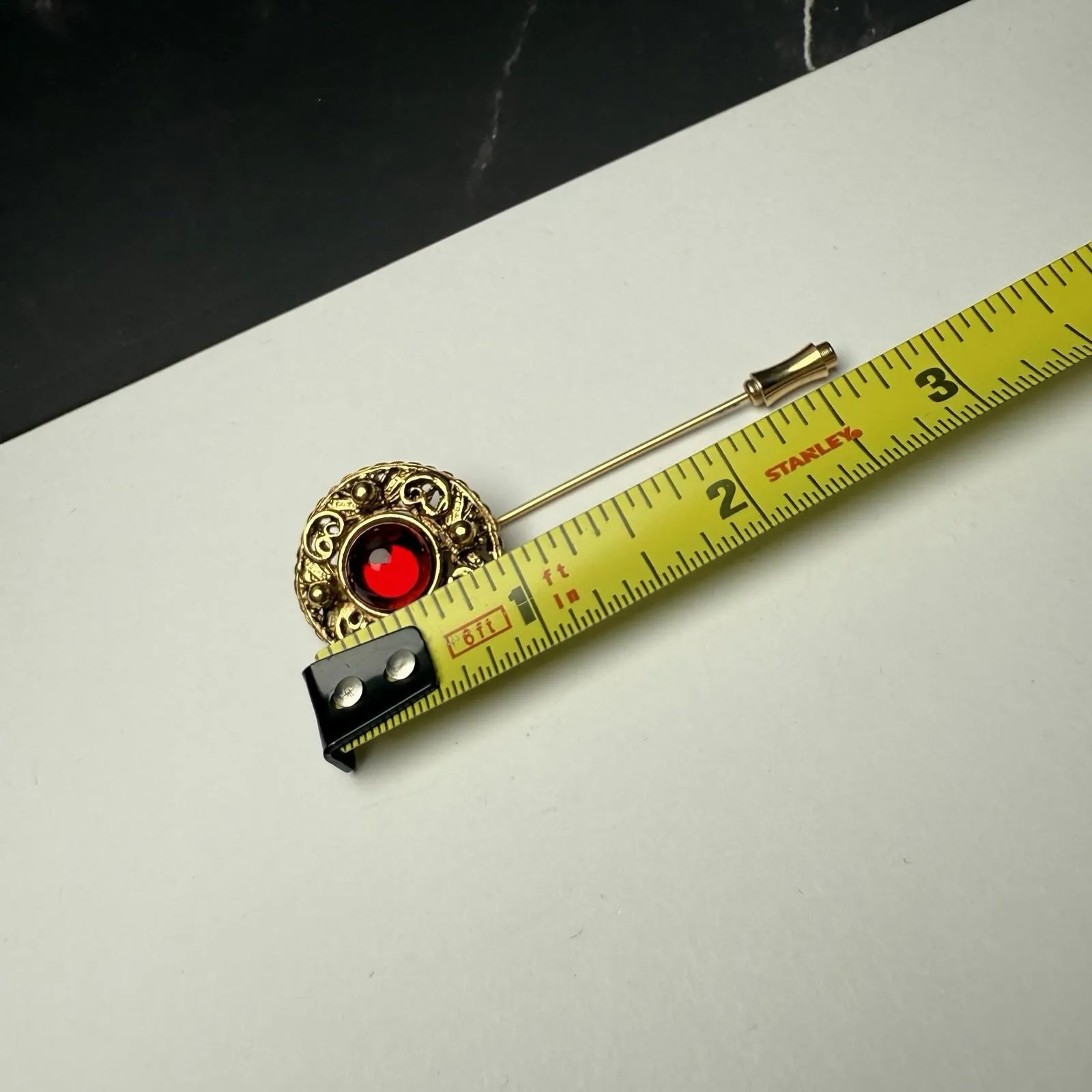Vintage Signed PEP Gold Tone Red Lapel Stick Pin - Image 2