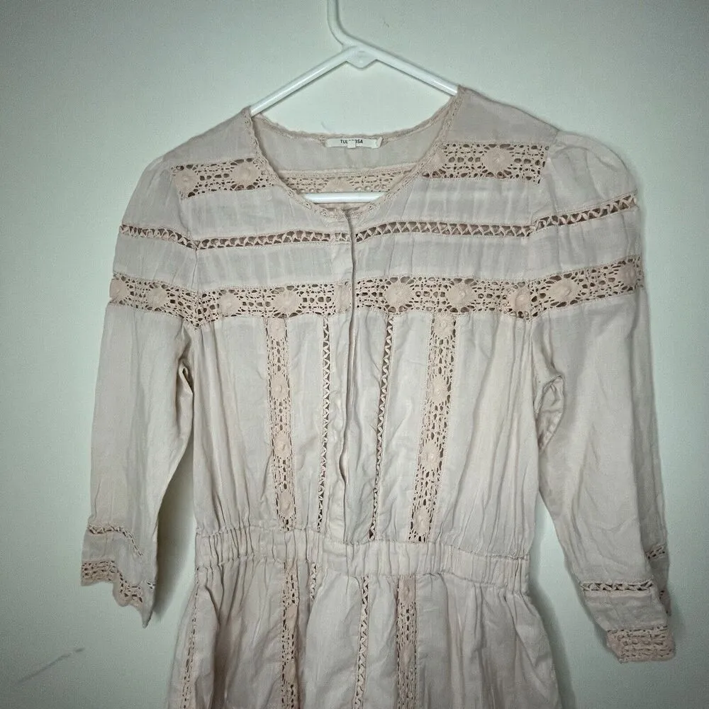 Tularosa Payton Pale Pink Mini Dress Boho Fit Flare Long Sleeve Lace Size Small - Image 5