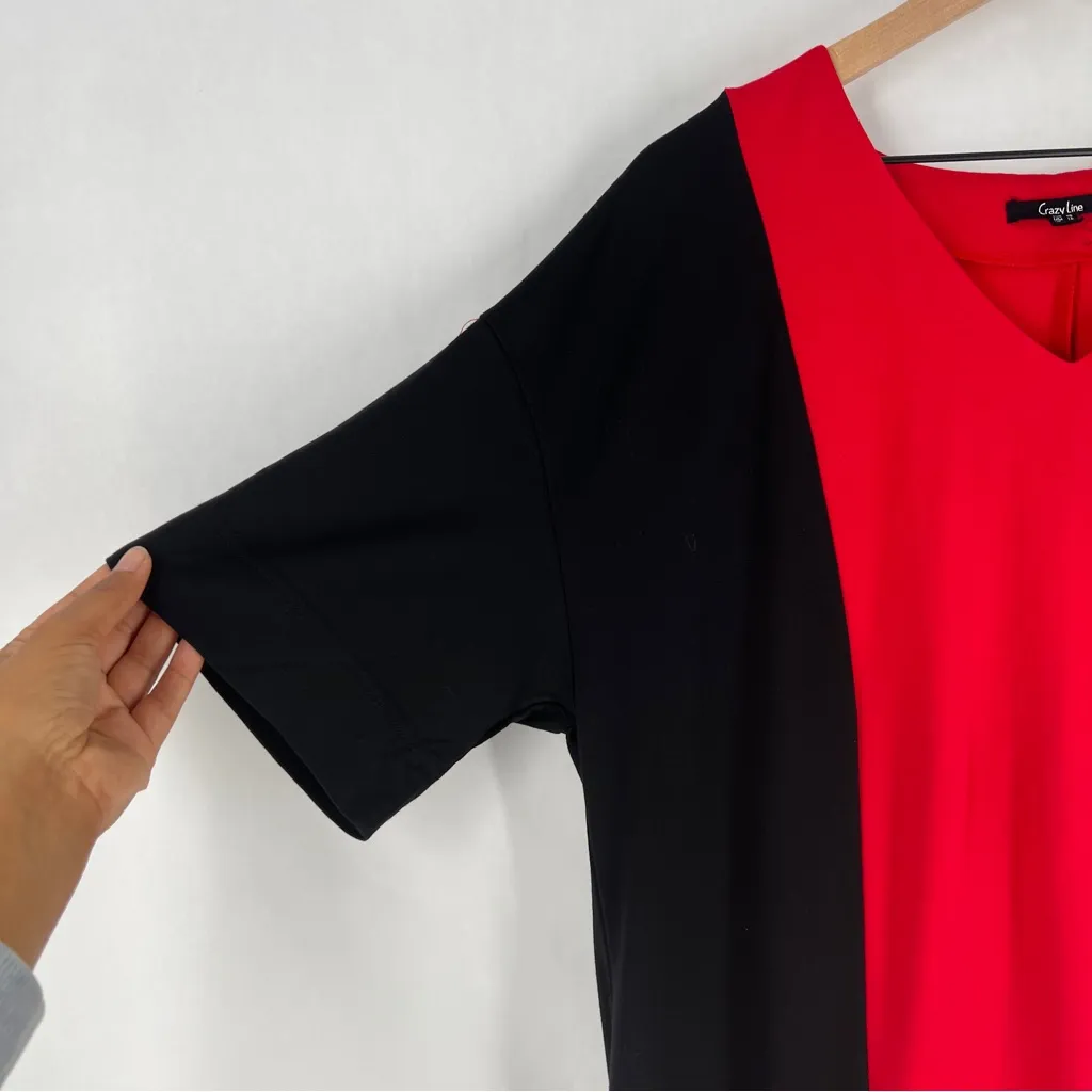 Crazy Line Lagenlook Red & Black Colorblock Patch Pocket V - Image 4